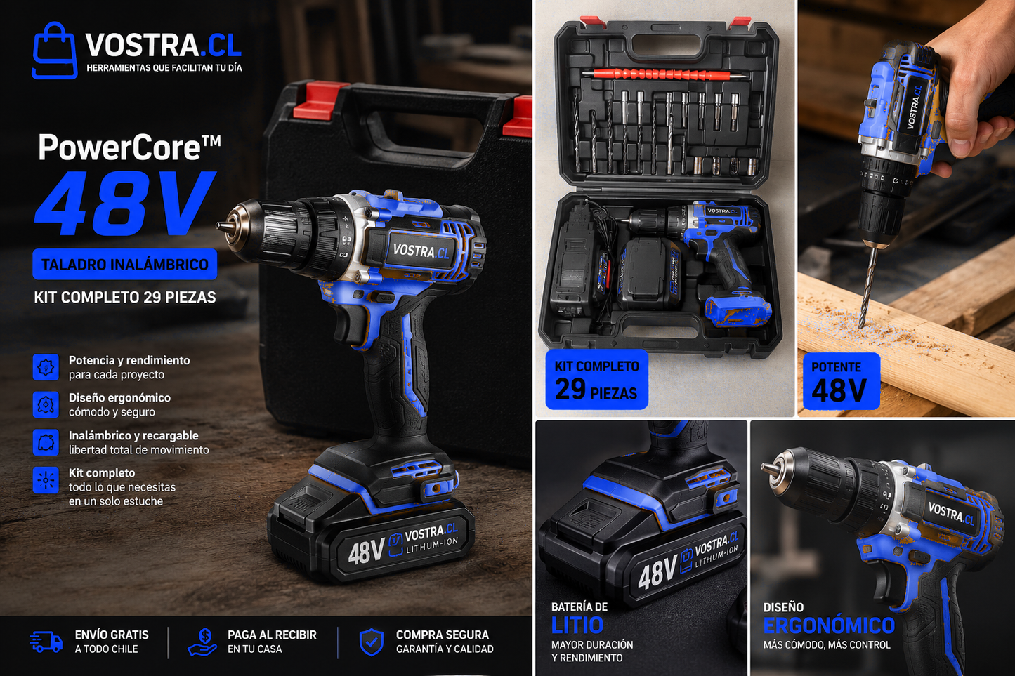 PowerCore™ 48V Taladro inalámbrico + kit completo 29 piezas